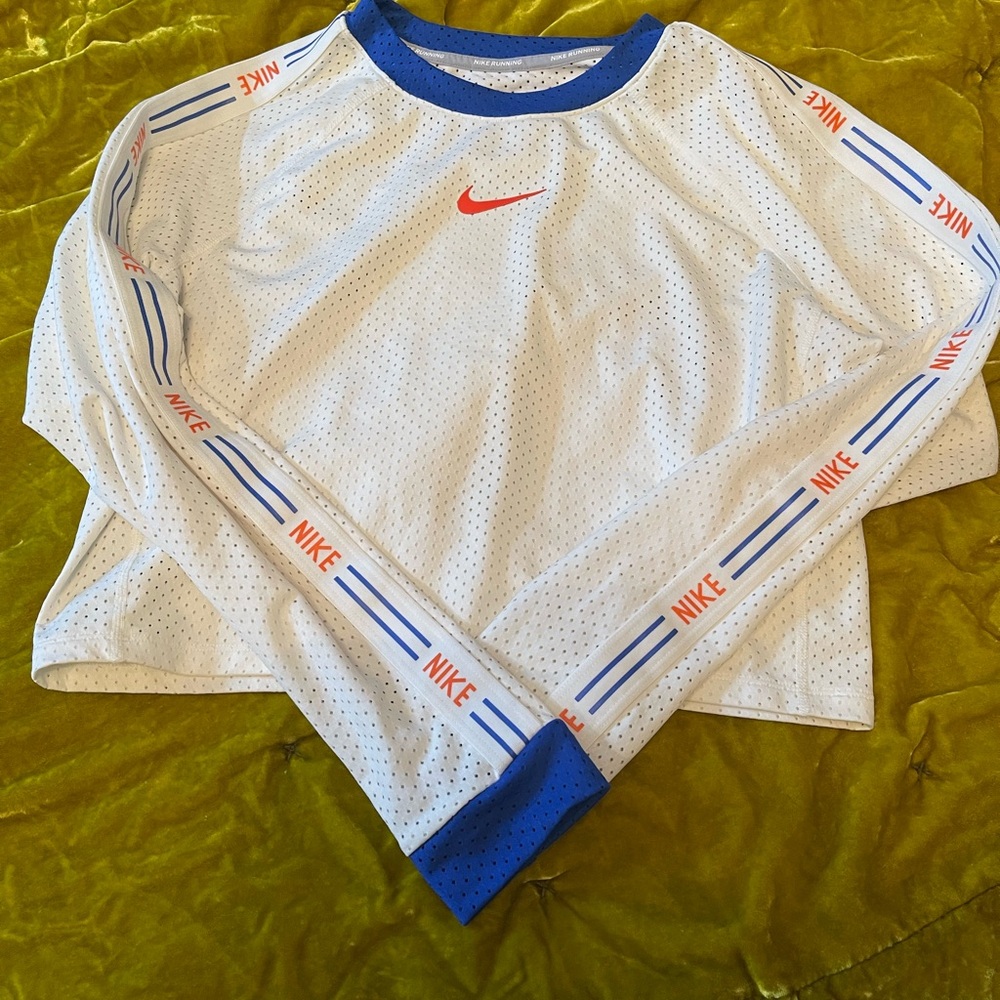 Nike White and Blue Long Sleeve Crop Top